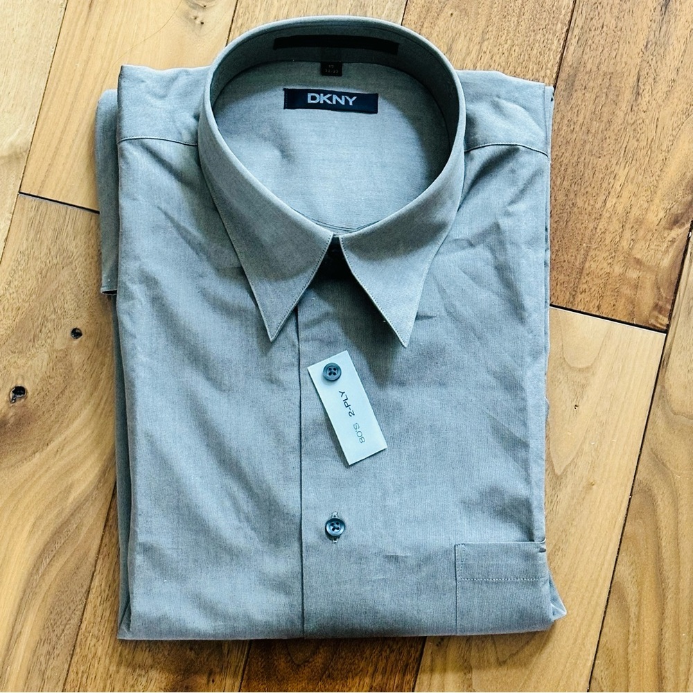 DKNY Dress Shirt Men’s 17 32/33 Tan Gray Button Down Career Shirt NWT